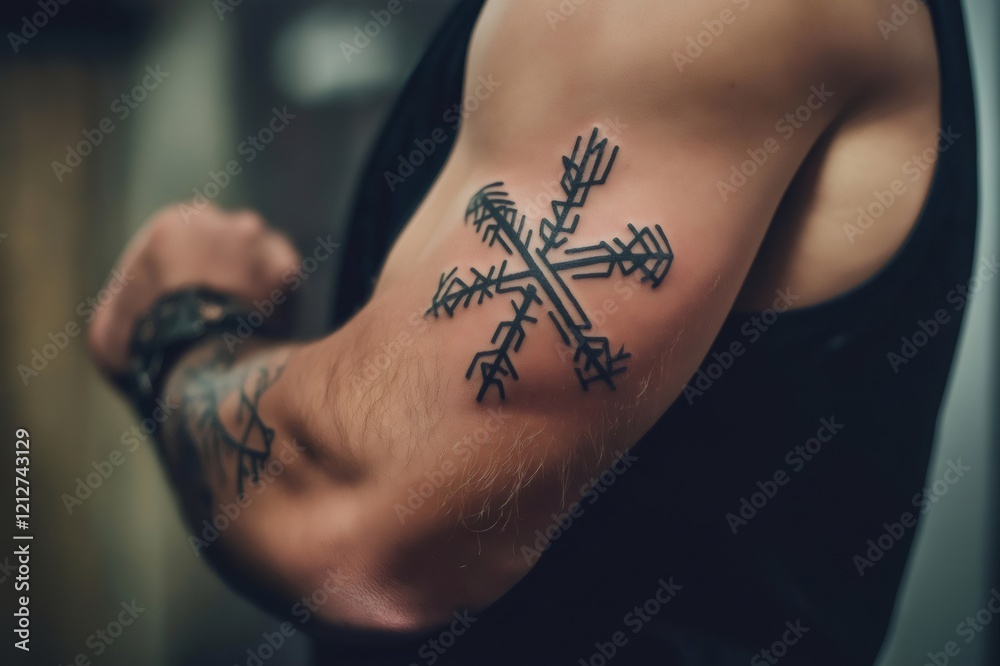 Obraz premium Close up of a man's arm showcasing an intricate Viking rune tattoo, symbolizing Norse mythology and heritage
