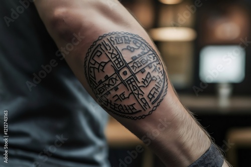 Close up of a circular Viking rune tattoo on a man's bicep, showcasing intricate details and symbolism photo