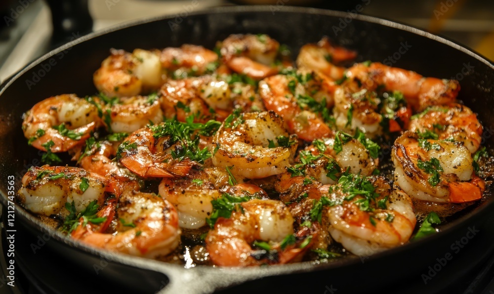 Roasted Shrimps with Parsley in Cast Iron Pan Roasted Shrimps with Parsley in Cast Iron Pan