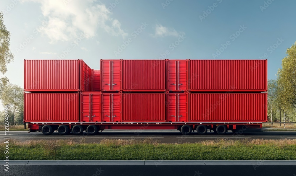 Red Cargo Containers Stacked on a Flatbed Trailer