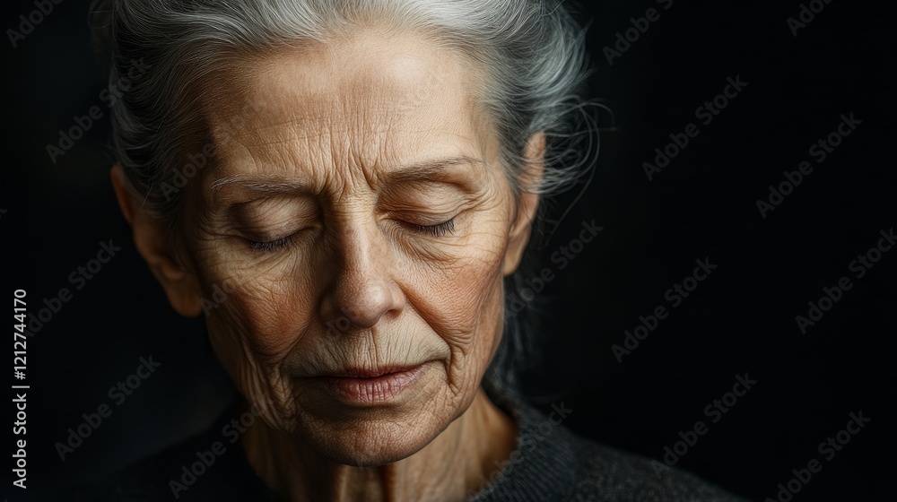 Graceful Aging: Embracing Inner Peace - A Dynamic Portrait of an Elderly Woman with Deep Wrinkles and Silver Hair in Sharp Focus Graceful Aging: Embracing Inner Peace - A Dynamic Portrait of an Elderly Woman with Deep Wrinkles and Silver Hair in Sharp Focus