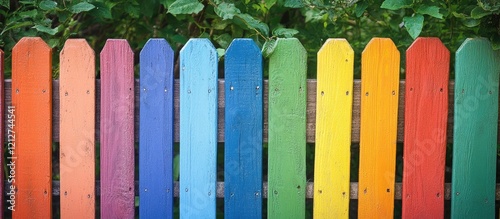 Colorful wooden fence design enhancing garden beauty and aesthetics perfect for outdoor settings and landscaping projects photo