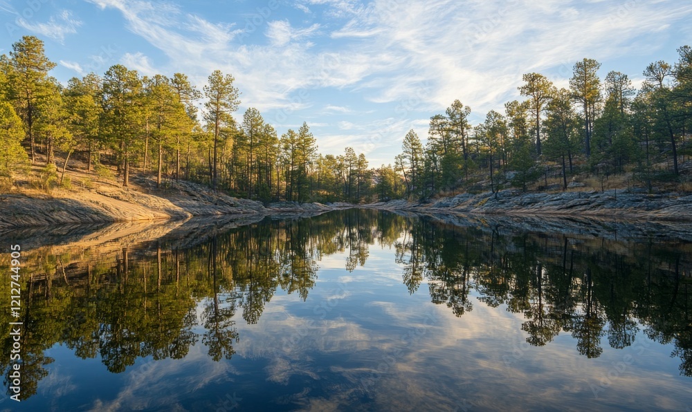 reflection of trees in the calm waters of a lake, natural beauty, forest scenery, reflection of trees in the calm waters of a lake, natural beauty, forest scenery,
