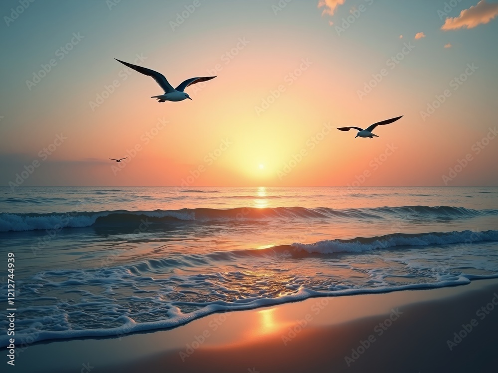 Fototapeta premium Serene sunset over the ocean, with seagulls soaring overhead