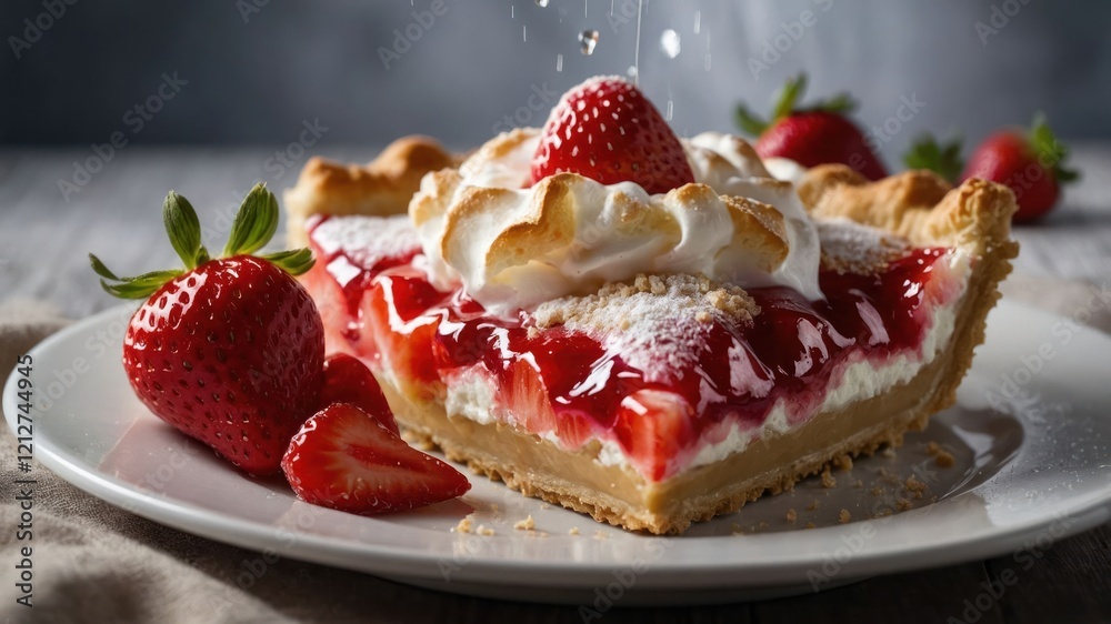 A delicious strawberry pie topped with whipped cream and fresh strawberries on a plate. A delicious strawberry pie topped with whipped cream and fresh strawberries on a plate.