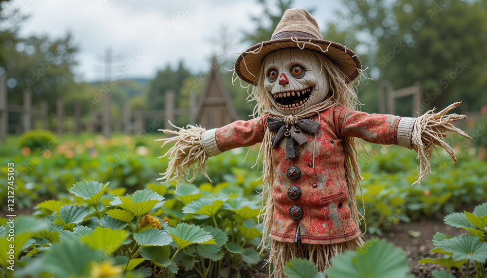 Eerie Scarecrow with Mysterious Grin Guarding Strawberry Garden Against Blurred Rural Setting Eerie Scarecrow with Mysterious Grin Guarding Strawberry Garden Against Blurred Rural Setting