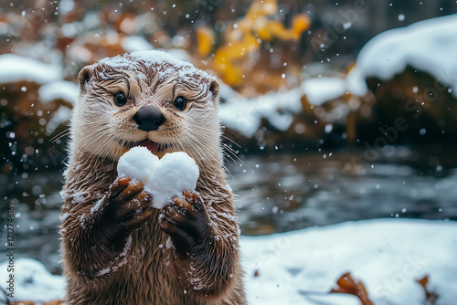 european otter in snow holding love shaped snowball photo