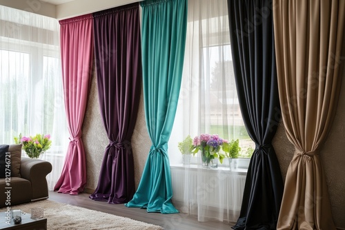Colorful Curtains Draped in Modern Living Room with Flowers