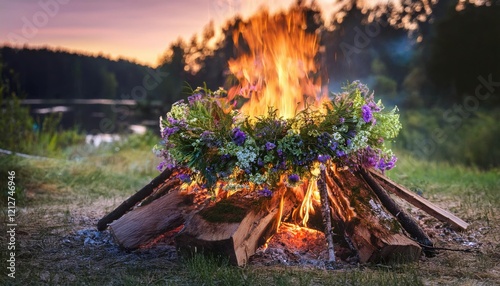 A lively bonfire blazes as spring blossoms surround it, creating a festive atmosphere by the water.