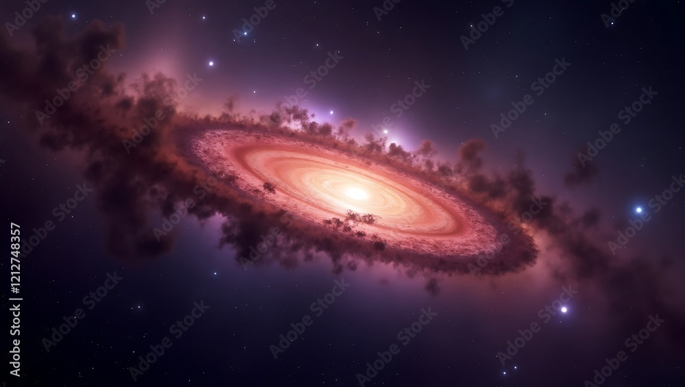 Naklejka premium Panoramic view of Milky Way galaxy, vibrant purple and pink cosmic clouds, bright glowing galactic core, scattered stars, celestial landscape, deep space photography, high resolution astrophotography