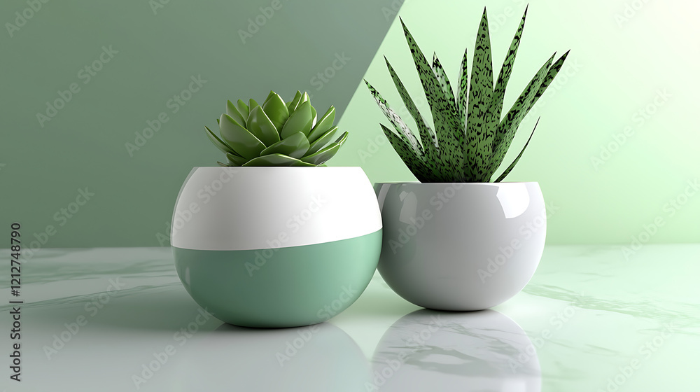 Fototapeta premium Two small green and white vases with a plant in each. generated using AI