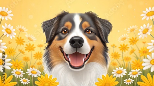 A happy dog in flowers. The pet is smiling. Field Camomiles. The Astralian Shepherd Tricolor photo