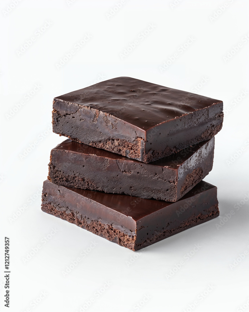 Brownies stacked neatly on a white background, showcasing rich chocolate layers and a smooth finish Brownies stacked neatly on a white background, showcasing rich chocolate layers and a smooth finish