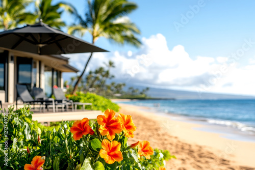 A vibrant beach scene featuring blooming flowers, palm trees, and a serene ocean view, perfect for relaxation and tropical getaways.