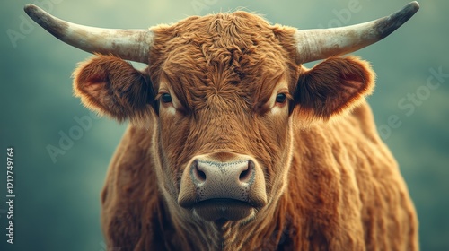 A brown cow with horns is staring at the camera photo