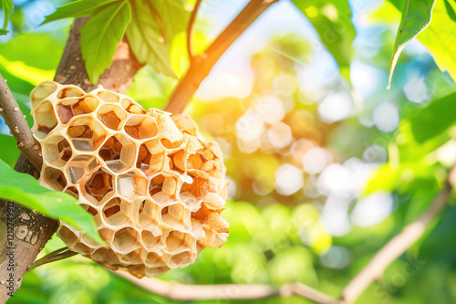 Detailed image of a honeycomb pattern with visible texture and natural light highlighting each cell photo