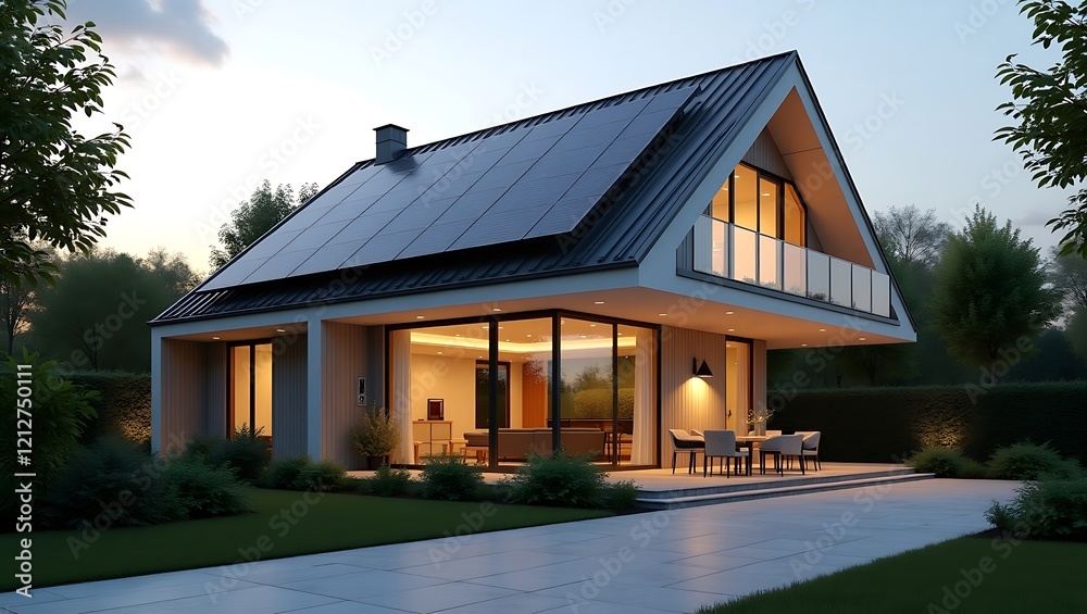 Modern luxury home, glass facade, wood accents, twilight exterior, warm interior lighting, manicured lawn, contemporary architecture, two-story house, minimalist design, trees in background Modern luxury home, glass facade, wood accents, twilight exterior, warm interior lighting, manicured lawn, contemporary architecture, two-story house, minimalist design, trees in background