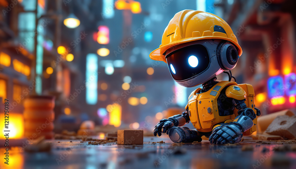 Small robot worker sits in a futuristic city Small robot worker sits in a futuristic city