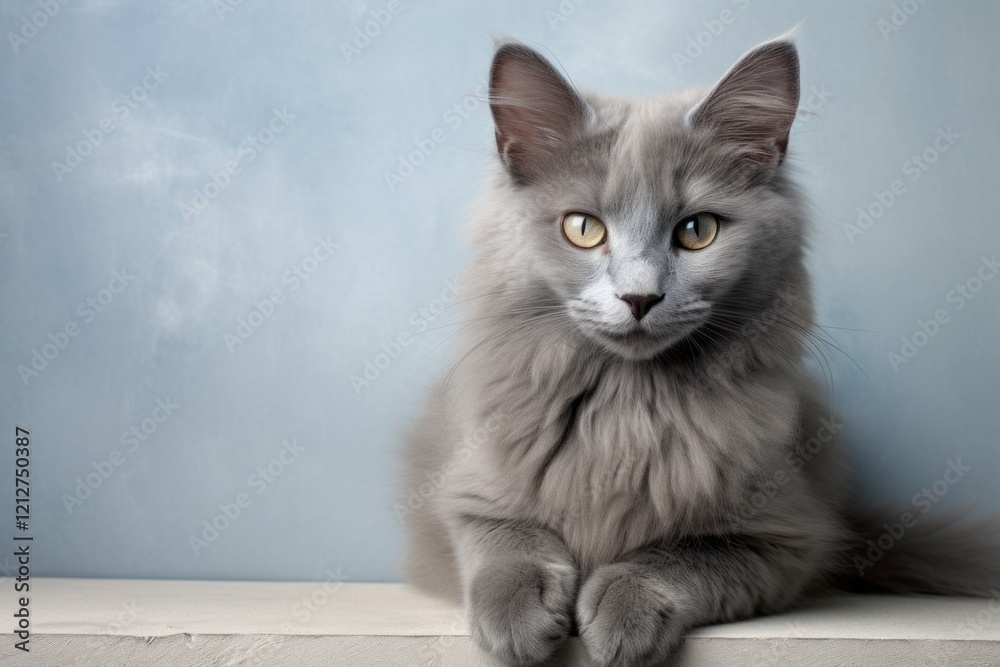 Portrait of a cute nebelung cat in bare concrete or plaster wall Portrait of a cute nebelung cat in bare concrete or plaster wall