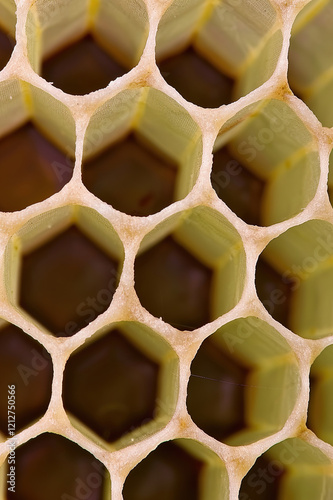 Detailed image of a honeycomb pattern with visible texture and natural light highlighting each cell photo