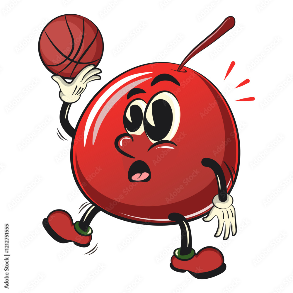 Fototapeta premium Cute red cherry fruit vektor illustration mascot character playing basketball, work of hand drawn
