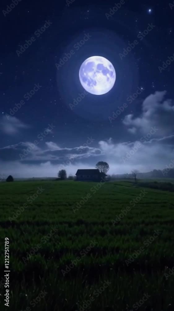 landscape full moon at night over a field with a house landscape full moon at night over a field with a house