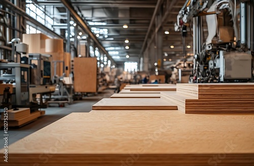 Stacked plywood sheets in a factory setting.