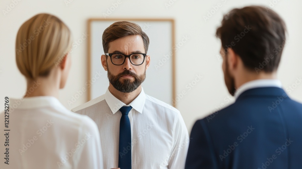 A serious discussion unfolds among three professionals in a modern office setting, highlighting themes of collaboration and communication. A serious discussion unfolds among three professionals in a modern office setting, highlighting themes of collaboration and communication.