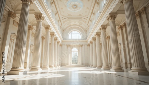 Tall  ornate columns rise majestically in a spacious hall  where warm sunlight floods through grand windows  illuminating delicate details of the architecture and creating a serene atmosphere