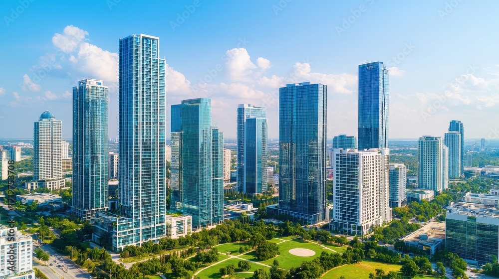 Obraz premium A vibrant skyline featuring modern skyscrapers and green spaces under a clear blue sky, showcasing urban architecture and city life.