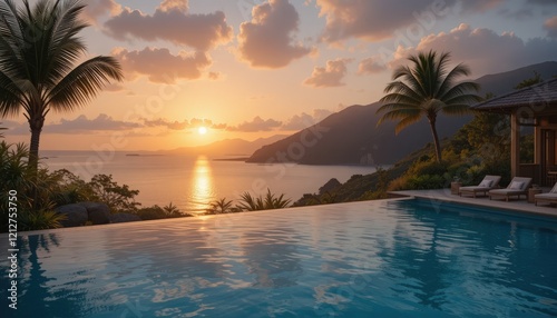 Relaxation takes center stage as the sun sets over the horizon  casting warm hues on an infinity pool surrounded by lush greenery and majestic mountains