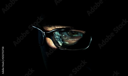 The reflection of an ediscovery software on a lawyer s glasses, surrounded by darkness to emphasize focus and intensity photo