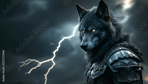 Dark, Powerful Wolf Warrior in a Stormy Night