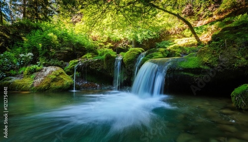 Gentle waterfalls flow over moss-covered rocks, surrounded by lush greenery during springtime.