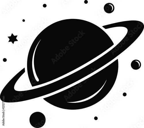 Saturn Sillhouette, Planet Saturn with planetary ring vector, cosmos and planet silhouette illustration  
