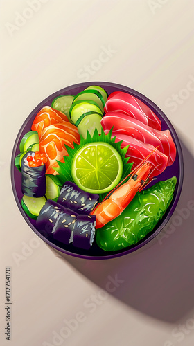 Fresh poke bowl with salmon, avocado, and assorted vegetables