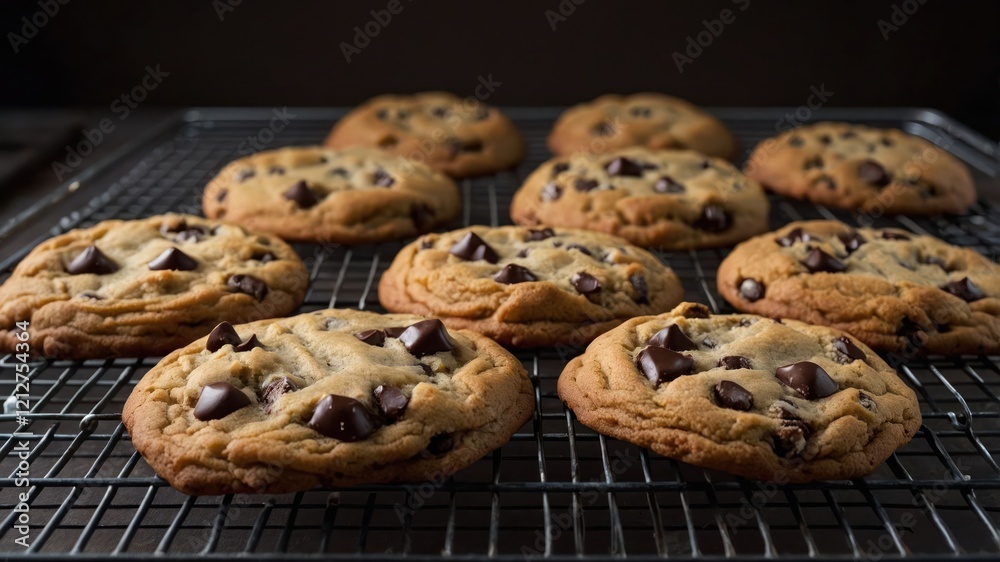 Freshly baked chocolate chip cookies cooling on a wire rack.