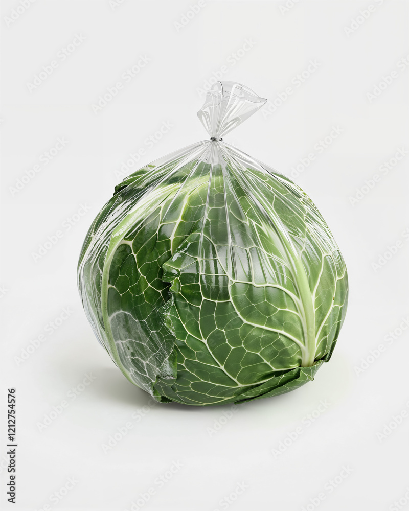 Naklejka premium Freshly wrapped cabbage in clear plastic bag ready for market display