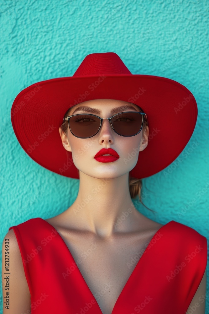 A woman wearing a bold red hat and sunglasses poses against a vibrant turquoise background A woman wearing a bold red hat and sunglasses poses against a vibrant turquoise background