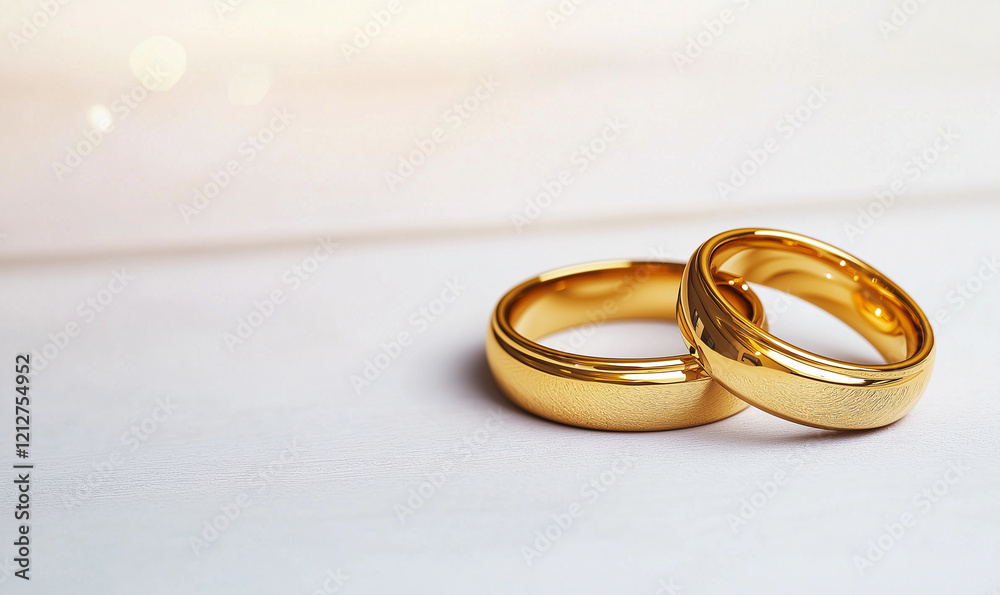 Two golden wedding rings beautifully displayed on light surface, symbolizing love and commitment. rings shine with elegance, perfect for celebrating special moments Two golden wedding rings beautifully displayed on light surface, symbolizing love and commitment. rings shine with elegance, perfect for celebrating special moments