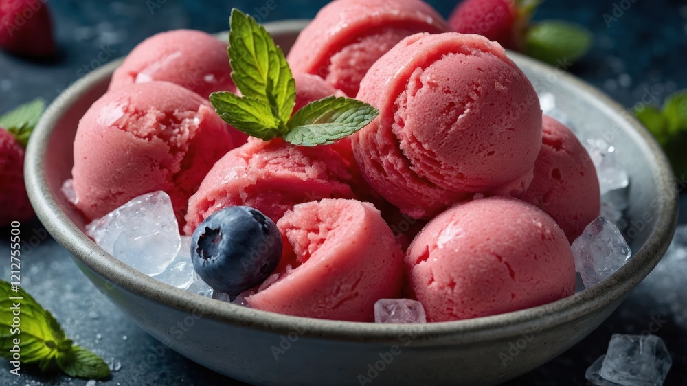 A bowl of pink raspberry sorbet garnished with mint leaves and surrounded by ice. A bowl of pink raspberry sorbet garnished with mint leaves and surrounded by ice.