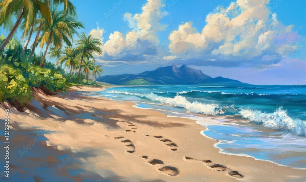 Summer beach scene with footprints in the sand near the ocean Summer beach scene with footprints in the sand near the ocean