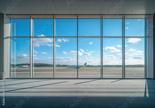 Modern Airport Terminal Interior Featuring Large Windows with Clear Skies and Airplane on Runway in Daylight  Offering an Expansive View and Spacious Atmosphere