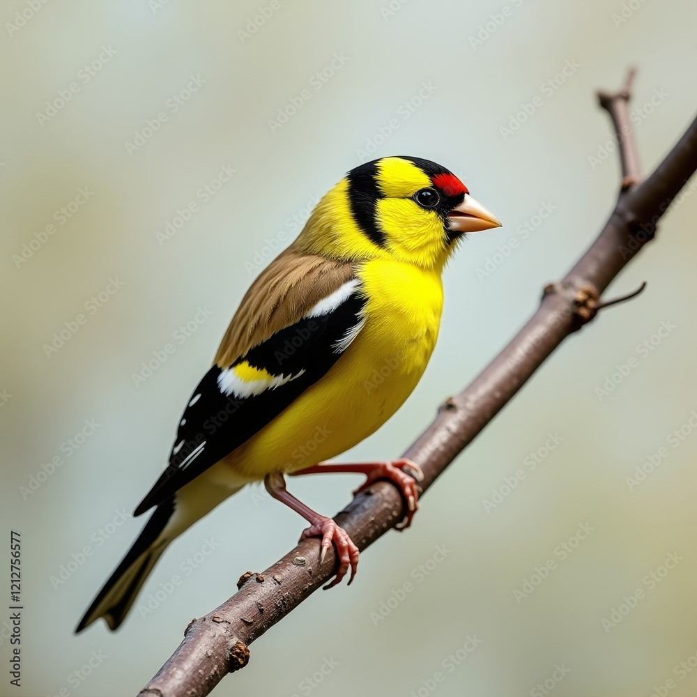 Obraz premium A small, brightly colored songbird with a distinctive yellow plumage and black stripes on its head