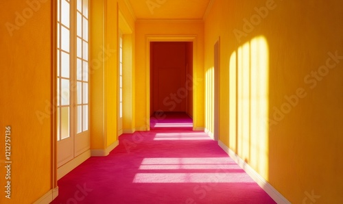 Sunlit Hallway with Pink Carpet and Yellow Walls