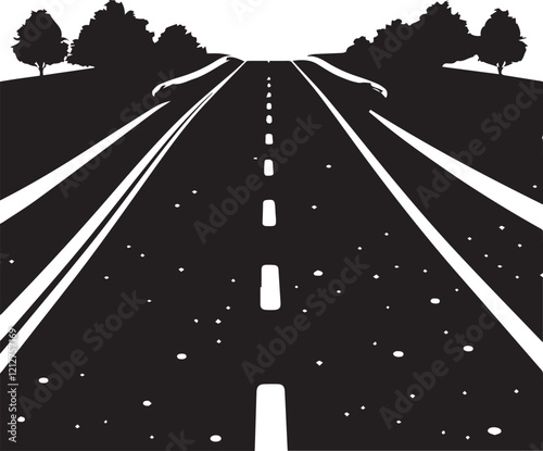 Asphalt road silhouette with tree straight road