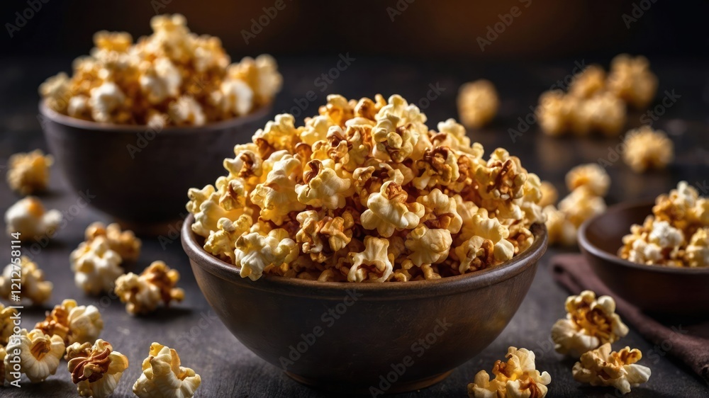 A close-up of bowls filled with freshly popped popcorn, perfect for snacking. A close-up of bowls filled with freshly popped popcorn, perfect for snacking.