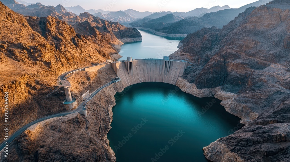 Fototapeta premium A massive dam surrounded by rugged mountains under a clear blue sky,