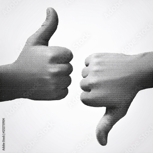 Thumbs up and thumbs down signs, symbolizing positive and negative opinions or votes. Retro, vintage grayscale design with halftone and dotted texture Vector illustration isolated