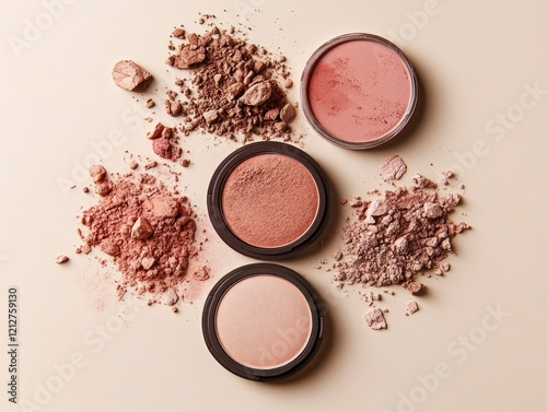 A flat lay of compact powders, blushes, and bronzers with crushed powder textures in earthy and pastel tones photo